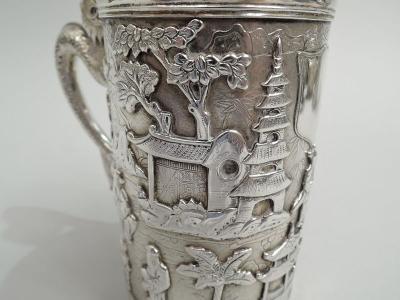 Antique Chinese Export Silver Mug with Dragon Handle