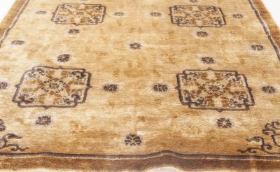 Antique Chinese Geometric Sandy Beige Camel Anthracite Handmade Silk Rug
