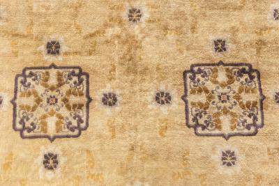 Antique Chinese Geometric Sandy Beige Camel Anthracite Handmade Silk Rug