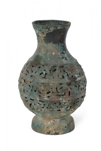 Antique Chinese Han Dynasty Style Patinated Bronze Pierced Urn