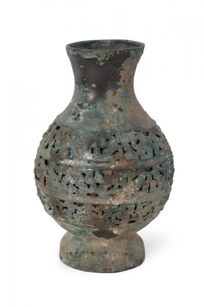 Antique Chinese Han Dynasty Style Patinated Bronze Pierced Urn