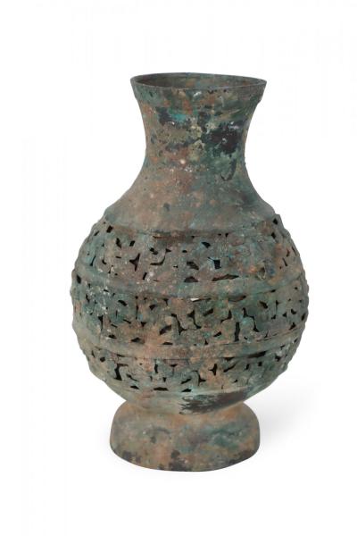 Antique Chinese Han Dynasty Style Patinated Bronze Pierced Urn