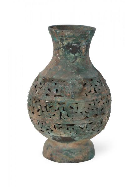Antique Chinese Han Dynasty Style Patinated Bronze Pierced Urn