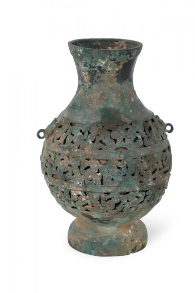 Antique Chinese Han Dynasty Style Patinated Bronze Pierced Urn