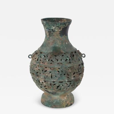 Antique Chinese Han Dynasty Style Patinated Bronze Pierced Urn