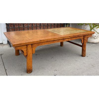 Antique Chinese Ming Style Leather Top Elm Coffee or Cocktail Table