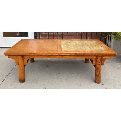 Antique Chinese Ming Style Leather Top Elm Coffee or Cocktail Table