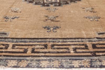 Antique Chinese Mongolian Beige Dark Brown and Teal Handwoven Wool Rug