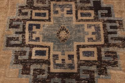 Antique Chinese Mongolian Beige Dark Brown and Teal Handwoven Wool Rug