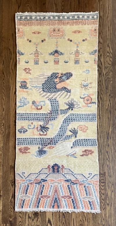 Antique Chinese Ningxia Tibetan Dragon Pillar Rug Qing Dynasty