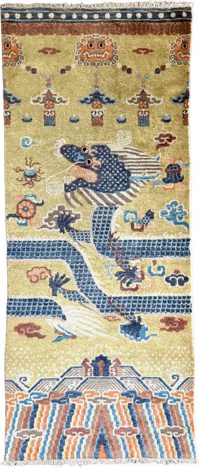 Antique Chinese Ningxia Tibetan Dragon Pillar Rug Qing Dynasty