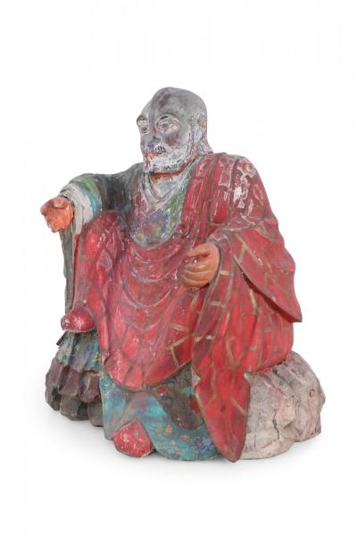 Antique Chinese Painted Clay Buddha Statue with Red Robes