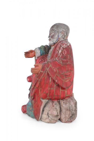 Antique Chinese Painted Clay Buddha Statue with Red Robes