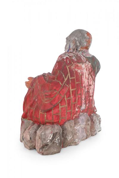 Antique Chinese Painted Clay Buddha Statue with Red Robes