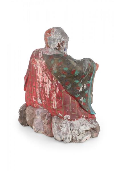 Antique Chinese Painted Clay Buddha Statue with Red Robes
