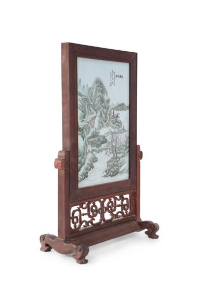 Antique Chinese Painted Porcelain Plate and Wood Vanity Mirror