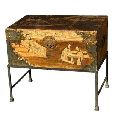 Antique Chinese Polychrome Pigskin Box Chest on Stand