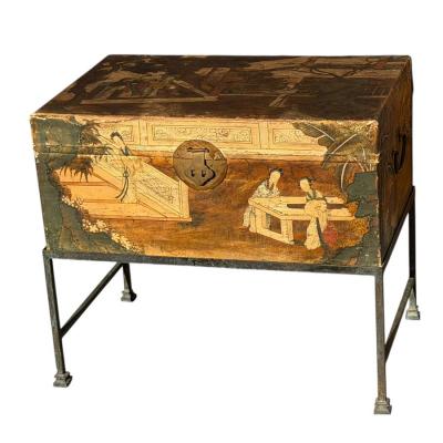 Antique Chinese Polychrome Pigskin Box Chest on Stand