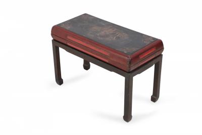 Antique Chinese Red And Brown Wooden Storage Bench 