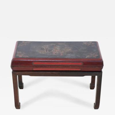 Antique Chinese Red And Brown Wooden Storage Bench 