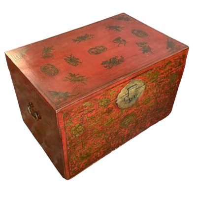 Antique Chinese Red Gold Chinoiserie Trunk Coffee Table