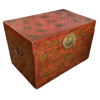 Antique Chinese Red Gold Chinoiserie Trunk Coffee Table
