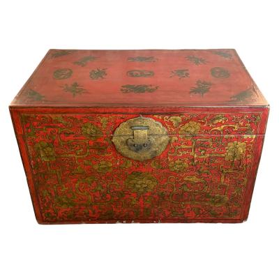 Antique Chinese Red Gold Chinoiserie Trunk Coffee Table