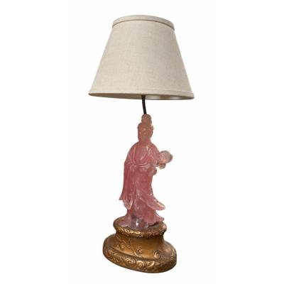 Antique Chinese Rose Quartz Goddess Sculpture Designer Table Lamp