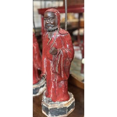 Antique Chinese Shiwan Ware Pottery Statue Lamps a Pair