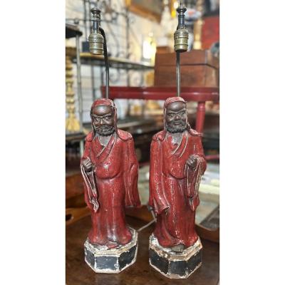 Antique Chinese Shiwan Ware Pottery Statue Lamps a Pair