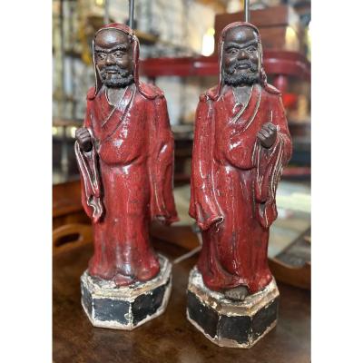 Antique Chinese Shiwan Ware Pottery Statue Lamps a Pair