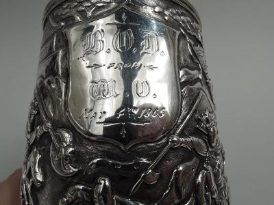 Antique Chinese Silver Battle Mug with Dramatic Dragon Handle