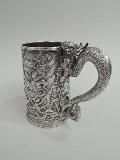 Antique Chinese Silver Battle Mug with Dramatic Dragon Handle