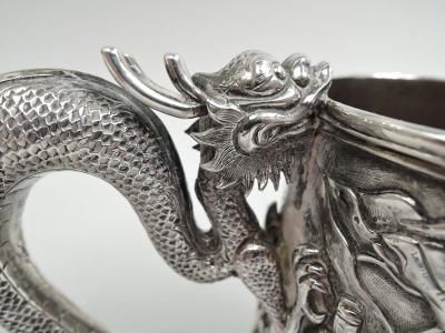 Antique Chinese Silver Battle Mug with Dramatic Dragon Handle