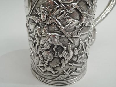 Antique Chinese Silver Battle Mug with Dramatic Dragon Handle