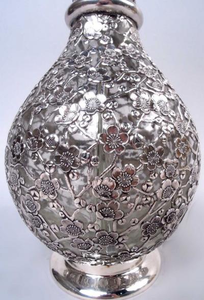 Antique Chinese Silver Blossoming Branch 4 Part Glass Decanter