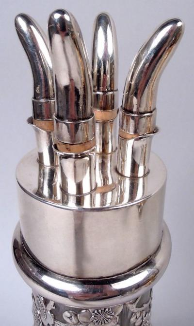 Antique Chinese Silver Blossoming Branch 4 Part Glass Decanter