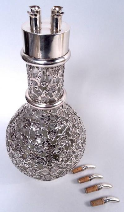 Antique Chinese Silver Blossoming Branch 4 Part Glass Decanter