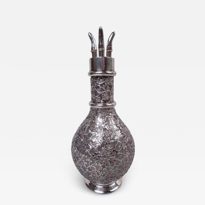Antique Chinese Silver Blossoming Branch 4 Part Glass Decanter