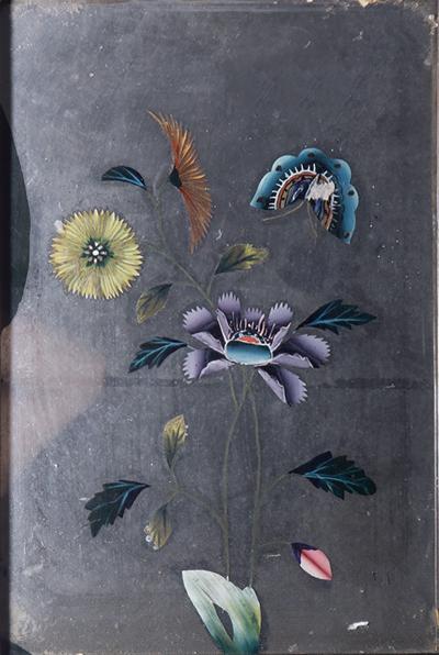 Antique Chinese reverse glass painting with flowers and butterflies