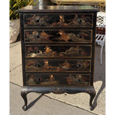 Antique Chinoiserie Black Gold Tall Chest of Drawers