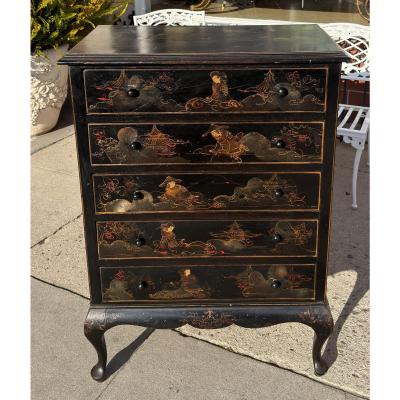 Antique Chinoiserie Black Gold Tall Chest of Drawers