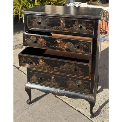 Antique Chinoiserie Black Gold Tall Chest of Drawers