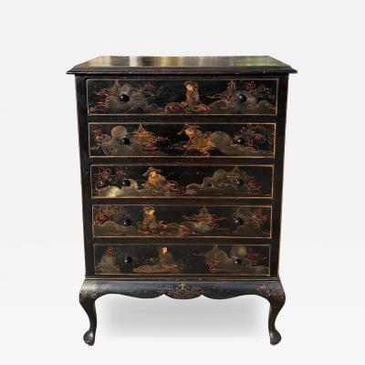 Antique Chinoiserie Black Gold Tall Chest of Drawers
