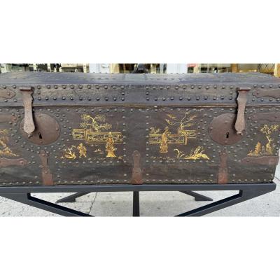 Antique Chinoiserie Decorated Leather Trunk on Stand