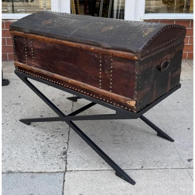 Antique Chinoiserie Decorated Leather Trunk on Stand