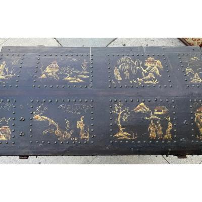 Antique Chinoiserie Decorated Leather Trunk on Stand