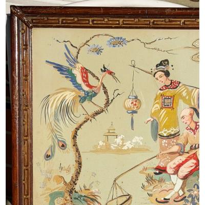 Antique Chinoiserie Gouache Painting in Art Deco Frame