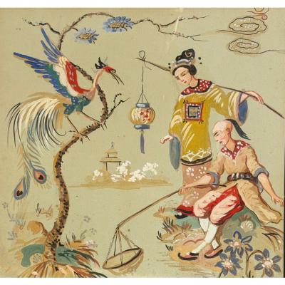 Antique Chinoiserie Gouache Painting in Art Deco Frame