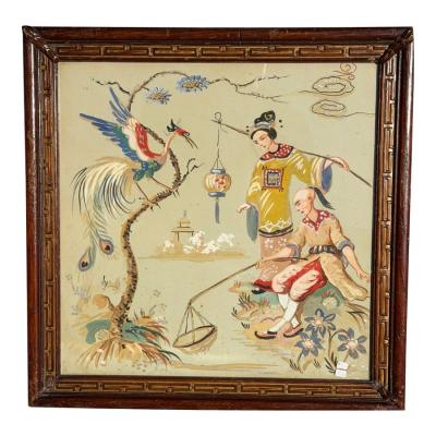 Antique Chinoiserie Gouache Painting in Art Deco Frame